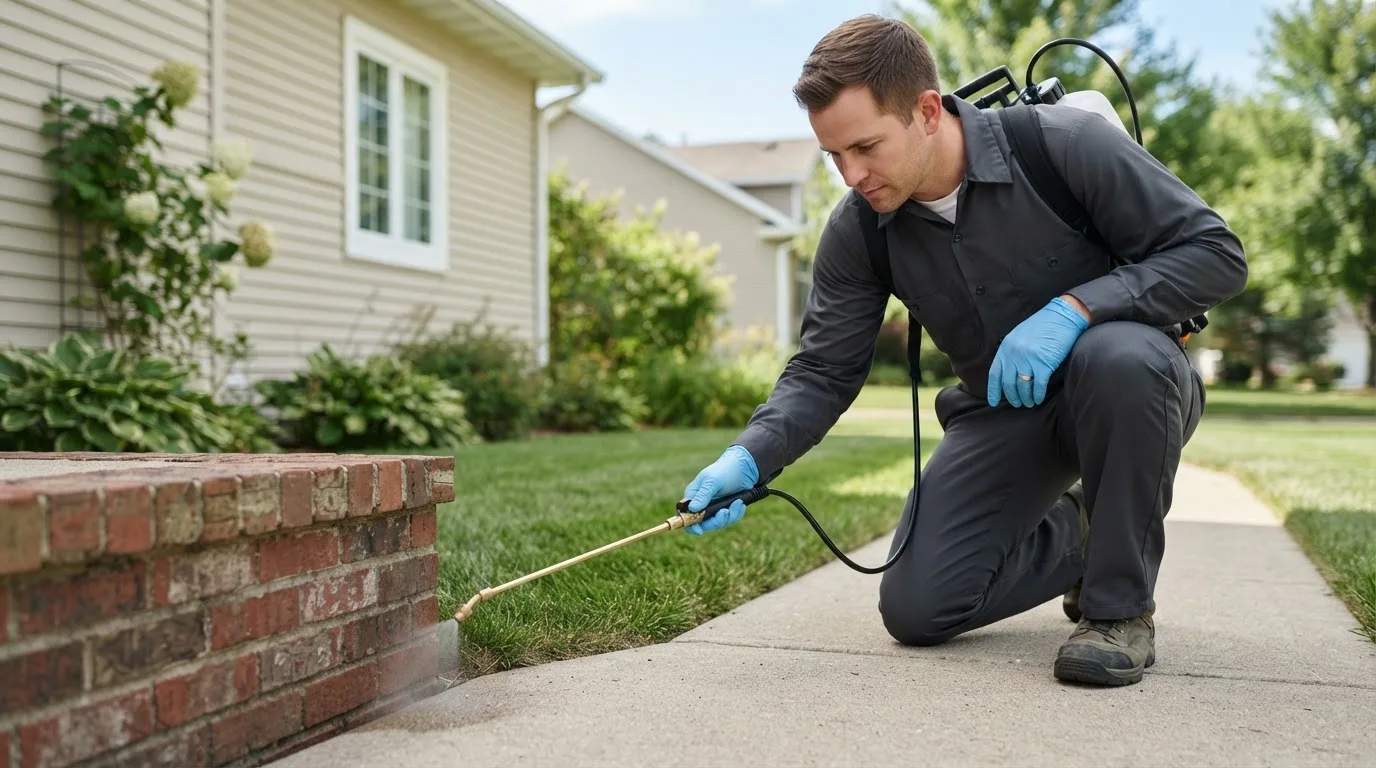 Pest control technician treating a home near Hancocks Bridge, NJ